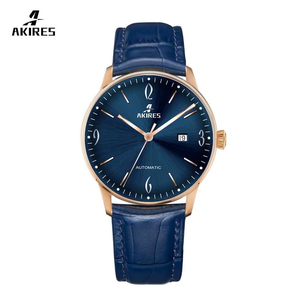 Blue watch with rose gold accents on a white background, featuring the brand 'AKIRES'.
