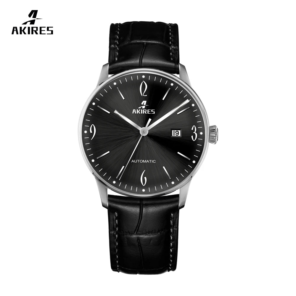 Black wristwatch with silver case and black leather strap on a white background, featuring the brand 'AKIRES'.