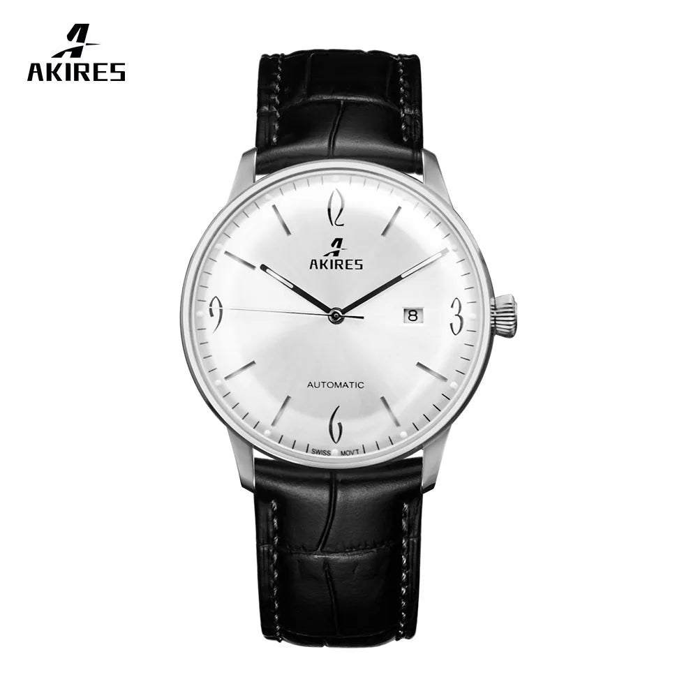 Akires dress watch with a black leather strap and a white dial on a white background