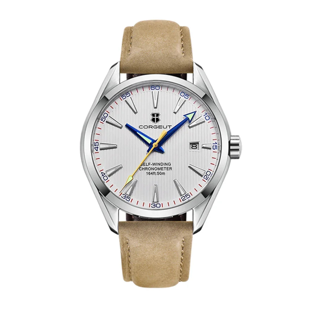 Corgeut watch Model Number 3021, white dial with brown strap