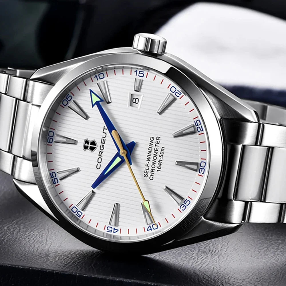 Corgeut chronometer with a silver wristwatch with a white dial