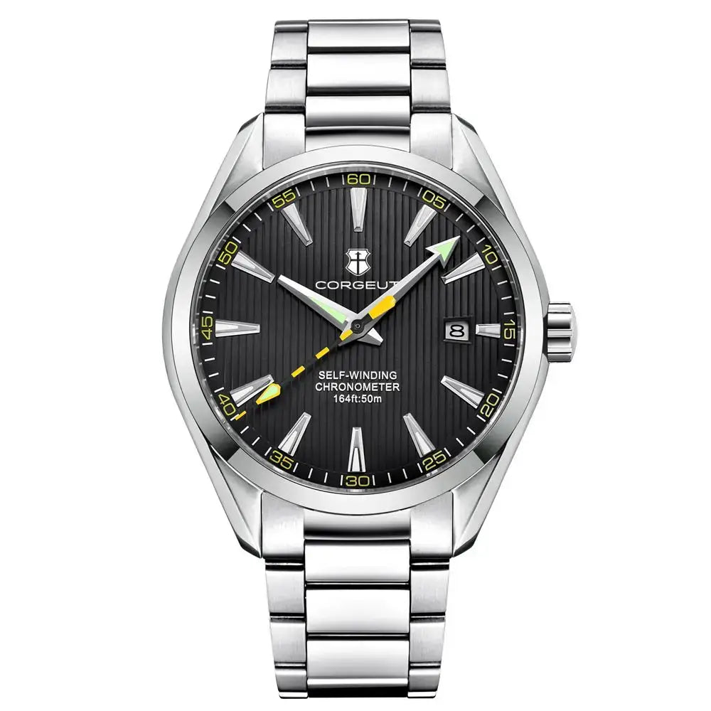 Corgeut watch Model Number 3021, black dial with oyster bracelet and yellow hand